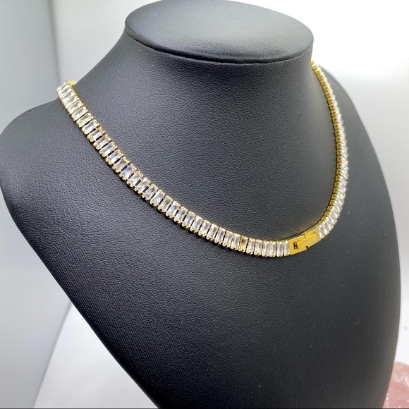 18K Gold Plated Fancy Choker square Cubic Zirconia Tennis Necklace - Picture 5 of 12